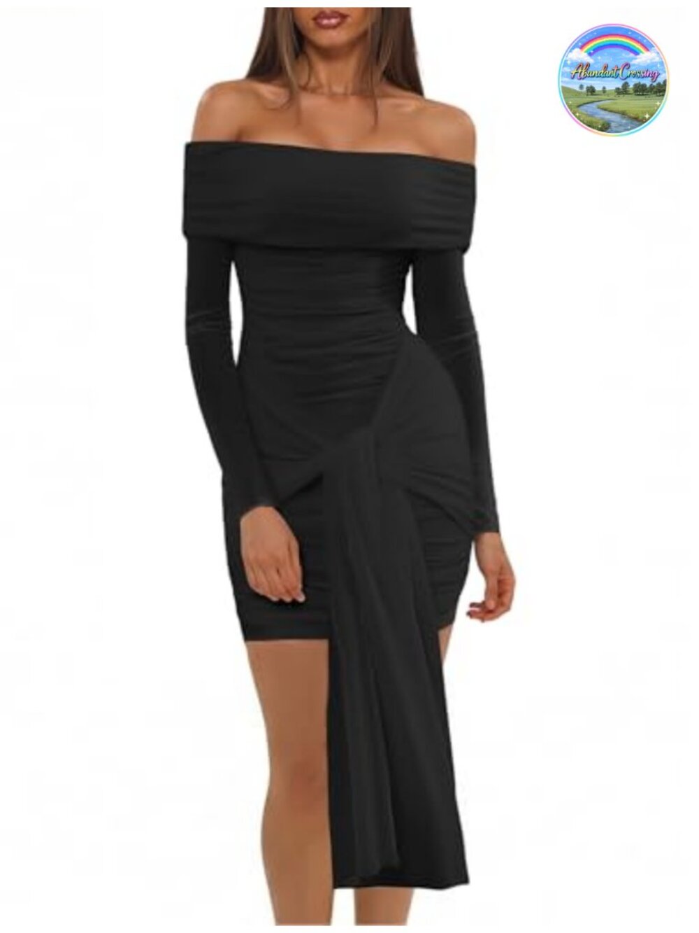 Women's Off Shoulder Ruched Bodycon Dress Long Sleeve Mesh Party